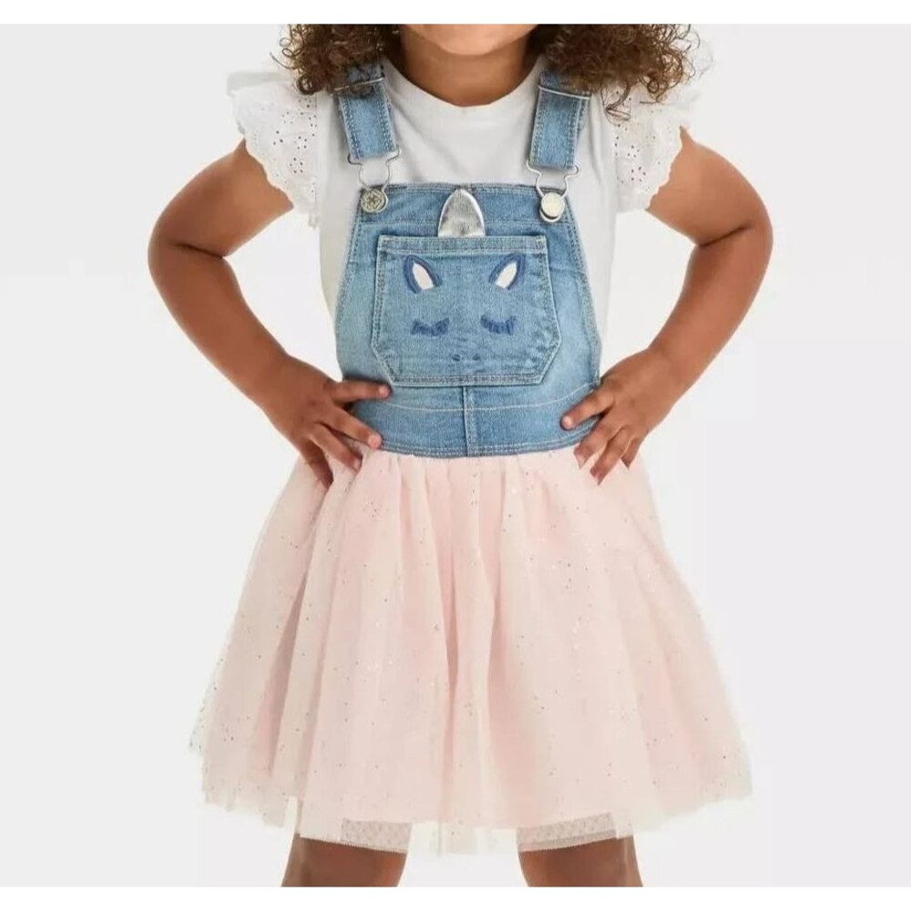 OshKosh B’gosh 2T Toddler Girls Denim Unicorn Overall Dress Pink Tulle Skirt